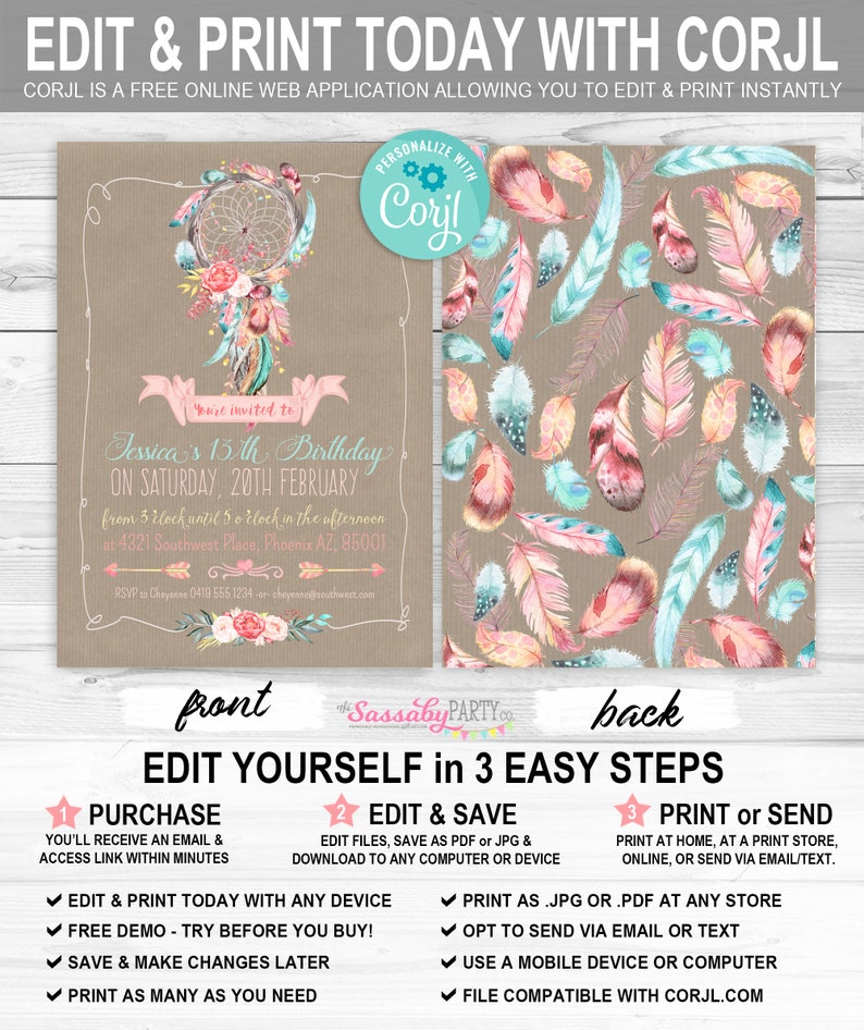 Boho, Dreamcatcher, Feathers, Pastel, Invitation, Invite, Girls, Floral, Pretty, Dreamy, Editable, Edit Text, Printable, Birthday Party, Print Yourself, Instant Download, Print At Home, Digital Files