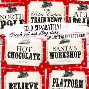May include: Ten printable 11x14 inch Polar Express party posters with red and white snowflake backgrounds. The posters feature black text and images of a train. The posters include the text: "Baggage Claim", "The Polar Express Train Depot", "North Pole", "All Aboard", "Hot Chocolate", "Santa's Workshop", "Believe", and "Platform This Way".