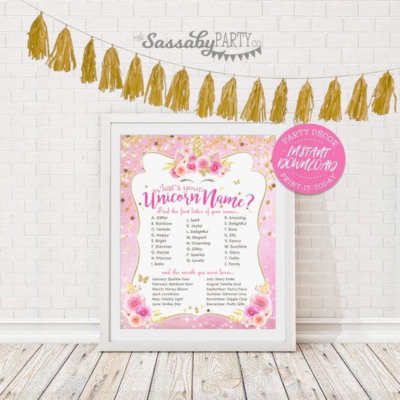 Unicorn Name Poster - INSTANT DOWNLOAD - Party Sign, Pink Gold, Girls Birthday, Baby Shower, Printable, Party Decor, Decoration, Wall Art Il_570xn
