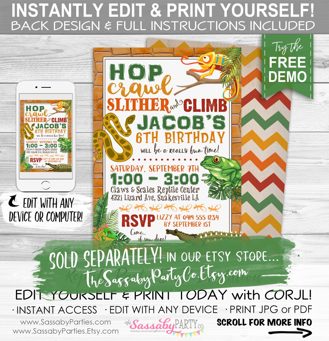 Reptile Party Pack INSTANT DOWNLOAD Editable &amp; Printable | Etsy