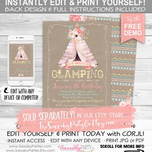 Boho Glamping Invitation, Birthday Sleepover INSTANT DOWNLOAD Editable & Printable, Rustic, Floral, Southwest, Slumber Party Invite image 5