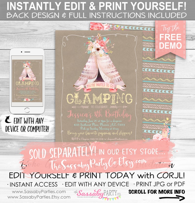 Boho Glamping Invitation, Birthday Sleepover INSTANT DOWNLOAD Editable & Printable, Rustic, Floral, Southwest, Slumber Party Invite image 5