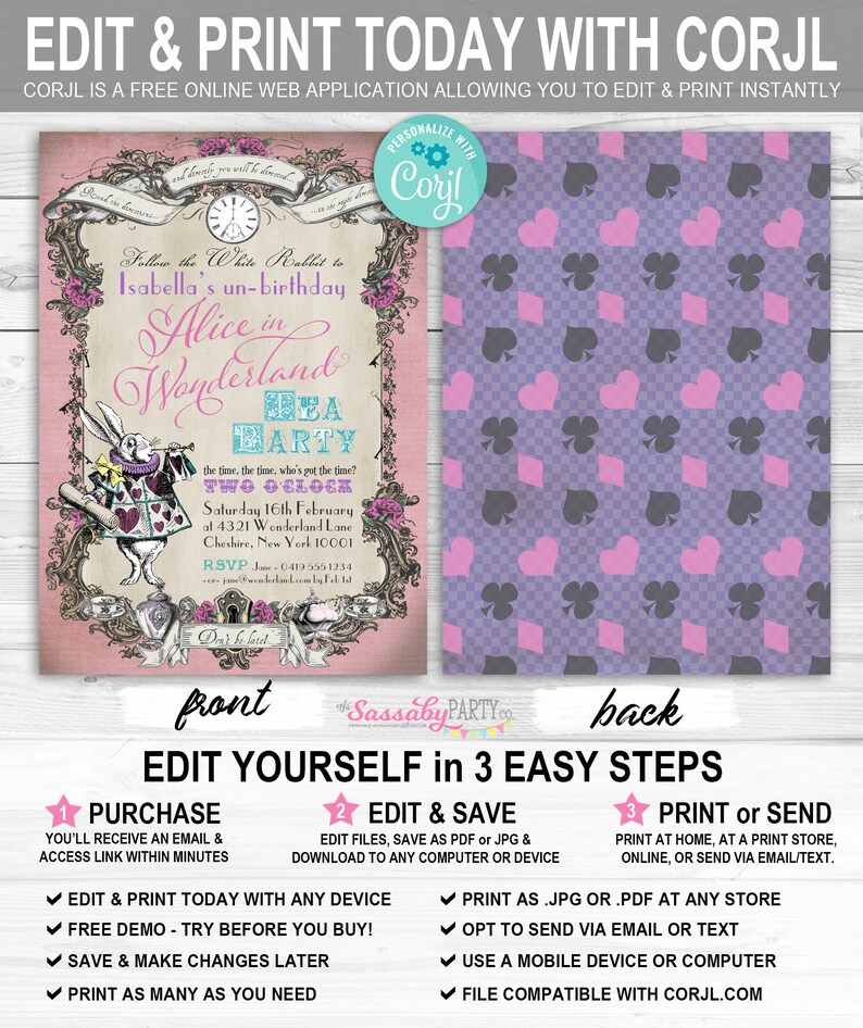 Alice in Wonderland Invitation, Pink Pastel, Invite, Tea Party, White Rabbit, Dont Be Late, Hearts, Editable, Instant Download, Printable Birthday, Print Yourself