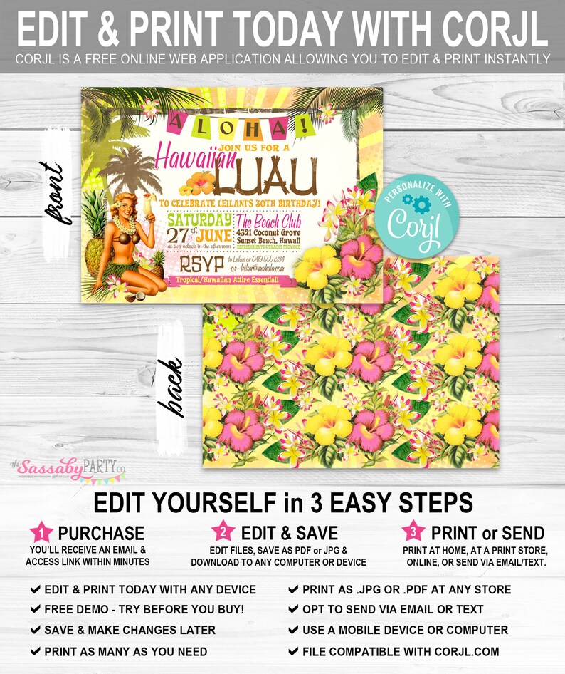 Hawaiian Luau Invitation, Tropical Party, Birthday, BBQ, Beach, Hawaii, Aloha, Bday, 30th Bday, 40th, Cocktails, Retro, Printable, Print Yourself, Instant Download, Editable, Edit Text