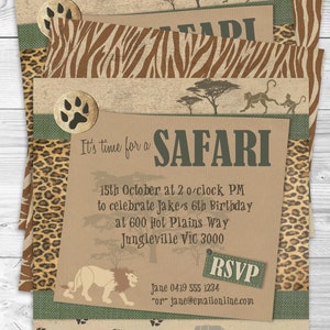 Safari Party Invitation, Jungle Invite, Lion, Elephants, Monkeys, Wild Animal Print, Brown Paper, Any Age, Birthday Party, Instant Download, Printable, Print Yourself, Editable, Edit Text,