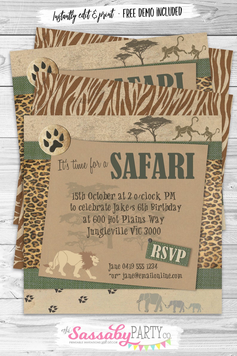 Safari Party Invitation, Jungle Invite, Lion, Elephants, Monkeys, Wild Animal Print, Brown Paper, Any Age, Birthday Party, Instant Download, Printable, Print Yourself, Editable, Edit Text,