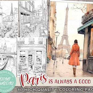 Livro de colorir de Paris - DOWNLOAD INSTANTÂNEO - Torre Eiffel, lojas e cafés, folhas em PDF para impressão, páginas para colorir para adultos e crianças, relaxamento, ruas