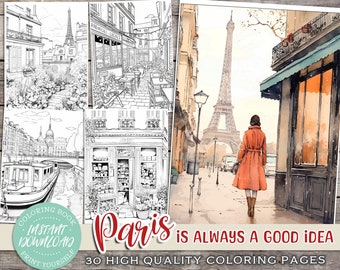 Libro para colorear de París - DESCARGA INSTANTÁNEA - Torre Eiffel, Tiendas y cafeterías, Hojas imprimibles en PDF, Páginas para colorear para adultos y niños, Relajación, Calles