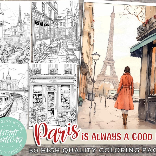 Parijs kleurboek - INSTANT DOWNLOAD - Eiffeltoren, winkels en cafés, afdrukbare PDF-bladen, kleurplaten voor volwassenen, ontspanning, straten