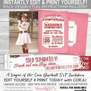 May include: A pink and red baseball-themed 5x7 inch invitation with a photo of a young girl in a baseball uniform. The invitation says "Batter-Up! She's in A League of Her Own" and includes the text "Madison's 5th Birthday Party!" and "Free Admission Yankee Stadium 123 Homerun Dr. The Bronx, NY 10451 2-4PM".
