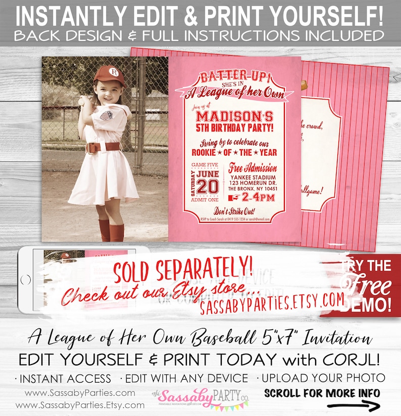 May include: A pink and red baseball-themed 5x7 inch invitation with a photo of a young girl in a baseball uniform. The invitation says "Batter-Up! She's in A League of Her Own" and includes the text "Madison's 5th Birthday Party!" and "Free Admission Yankee Stadium 123 Homerun Dr. The Bronx, NY 10451 2-4PM".