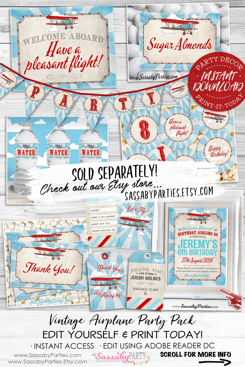 Vintage Airplane Birthday Ticket Invitation - INSTANT DOWNLOAD - Partially Editable & Printable Aeroplane, Airline, Boys Party Invite image 4
