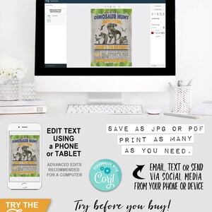 Dinosaur Hunt Invitation, Dinosaurs Invite, Jurassic Partk, T-rex, Raptor, Any Age Birthday Party, Printable, Print Yourself, Instant Download, Editable, Edit Text
