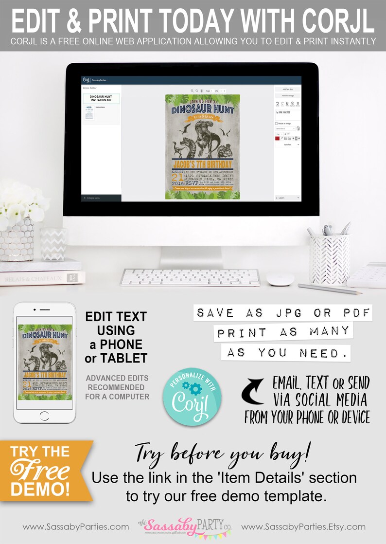 Dinosaur Hunt Invitation, Dinosaurs Invite, Jurassic Partk, T-rex, Raptor, Any Age Birthday Party, Printable, Print Yourself, Instant Download, Editable, Edit Text