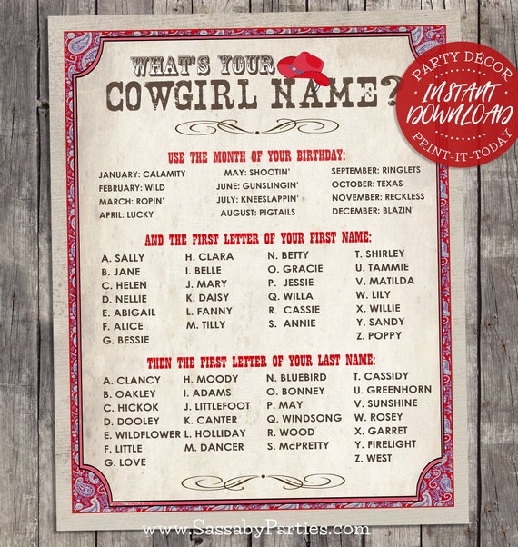 Cowgirl Name Poster RED - INSTANT DOWNLOAD - 'What's your Cowgirl Name?' Printable Sign, Girls Birthday, Party Decor, Rodeo, Wild West Il_570xn