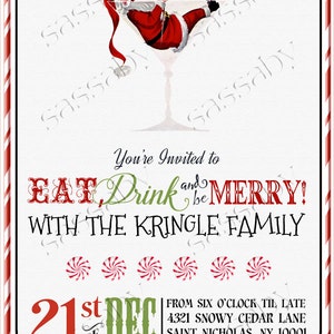 Christmas Party Invitation, Santa Claus, Cocktails, Cocktail, Eat Drink be Merry, Martini Glass, Instant Download, Print Yourself, Printable, Xmas, Edit Text, Editable
