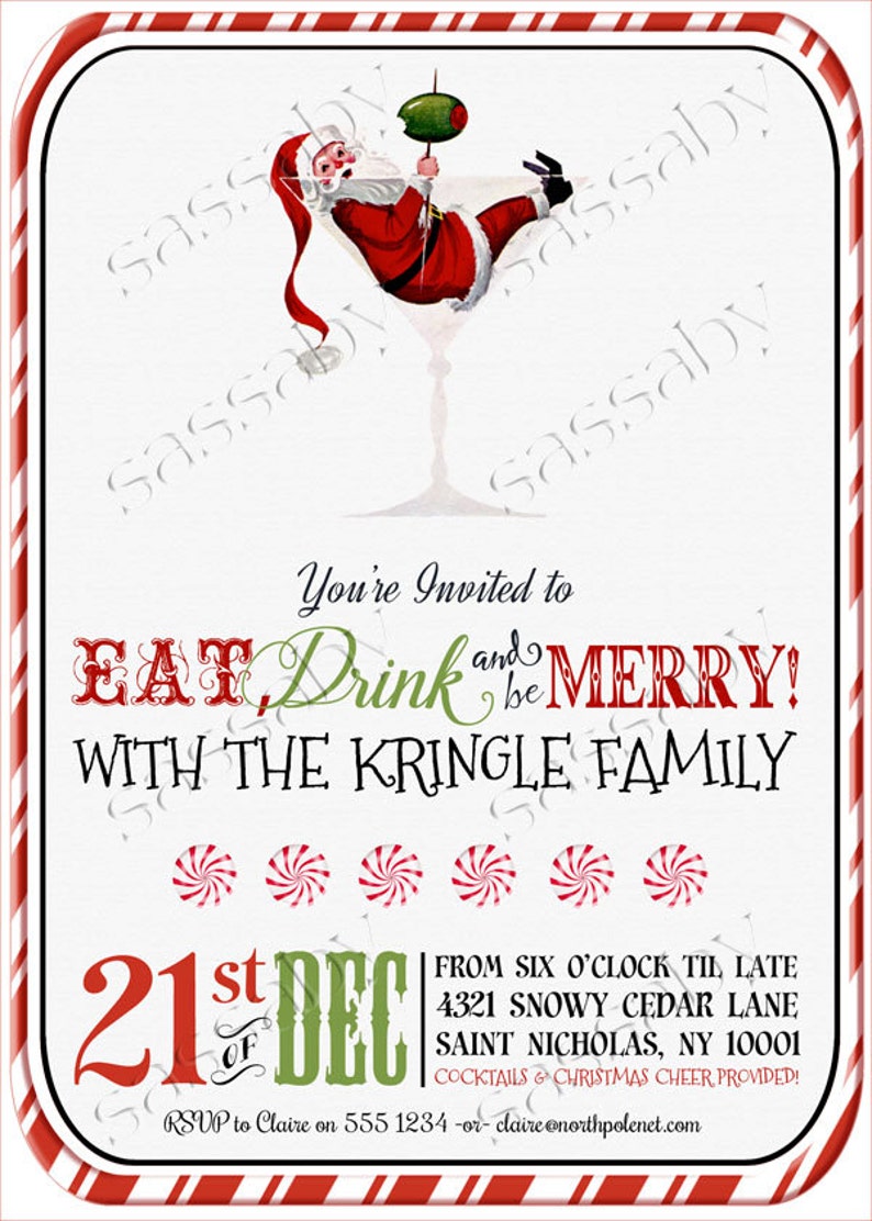 Christmas Party Invitation, Santa Claus, Cocktails, Cocktail, Eat Drink be Merry, Martini Glass, Instant Download, Print Yourself, Printable, Xmas, Edit Text, Editable