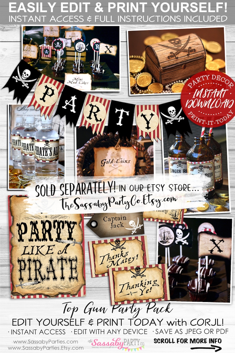 Pirate Birthday Party Invitation INSTANT DOWNLOAD Partially Editable & Printable Invite, Matey, Treasure Map, Ship, Scallywag, Pirates image 5