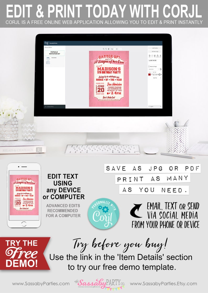 Girls Baseball Rockford Peaches, Birthday Invitation, Any Age, Ticket, Invite, Edit Text, Editable, Pink, Red, League of Her Own, All-Star, Party Printable, Print Yourself, Take Me Out to the Ballgame