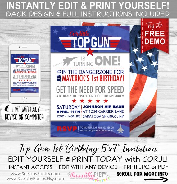 Top Gun 1st Birthday Invitation INSTANT DOWNLOAD Partially Etsy