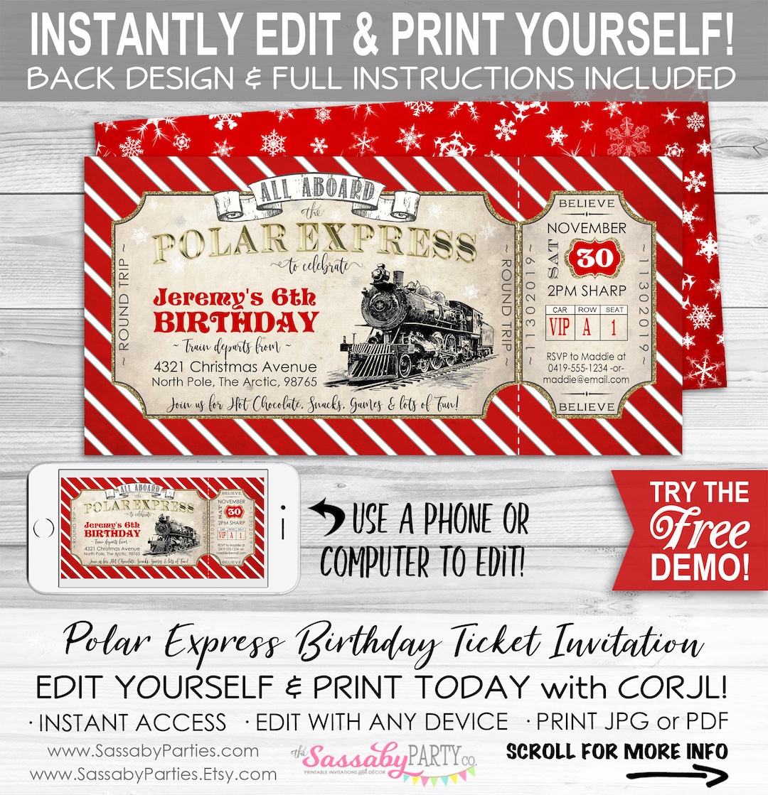 Polar Express Invitation Red - INSTANT DOWNLOAD - Partially Editable ...