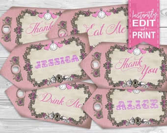 Alice in Wonderland Party Tags - INSTANT DOWNLOAD - DIY Editable & Printable Birthday Decorations, Gift, Pink, Tea Party, Pastel, Thank You