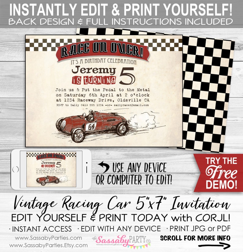 Vintage Race Car Invitation, Invite, Any Age, Race on Over, Instant Download, Printable, Print Yourself, Editable, Old Car, Racing, Edit Text, red, Checkered Flag