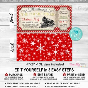 Polar Express Party Invitation, Ticket Invite, Red, Snowflakes, All Aboard, Printable, Print yourself, Birthday Decorations, Christmas, Xmas, Instant Download, Digital File
