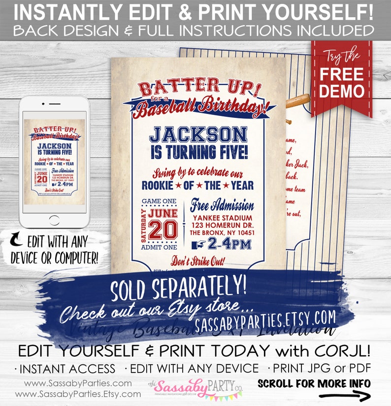 SOLD SEPARATELY, Baseball Invitation, Batter Up, Birthday Invite