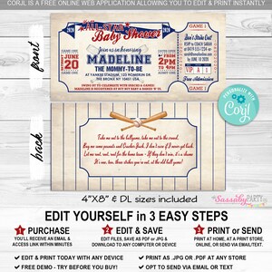 Baseball Baby Shower Invitation, Ticket Invite, All-Star, Mommy to Be, Batter Up, Little Rookie, Edit Text, Editable, Take Me Out To The Ballgame, Play Ball, Home Run, Instant Download, Printable, Print Yourself