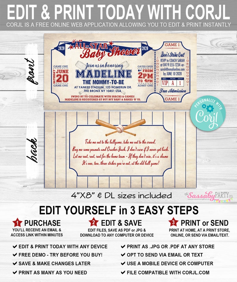 Baseball Baby Shower Invitation, Ticket Invite, All-Star, Mommy to Be, Batter Up, Little Rookie, Edit Text, Editable, Take Me Out To The Ballgame, Play Ball, Home Run, Instant Download, Printable, Print Yourself