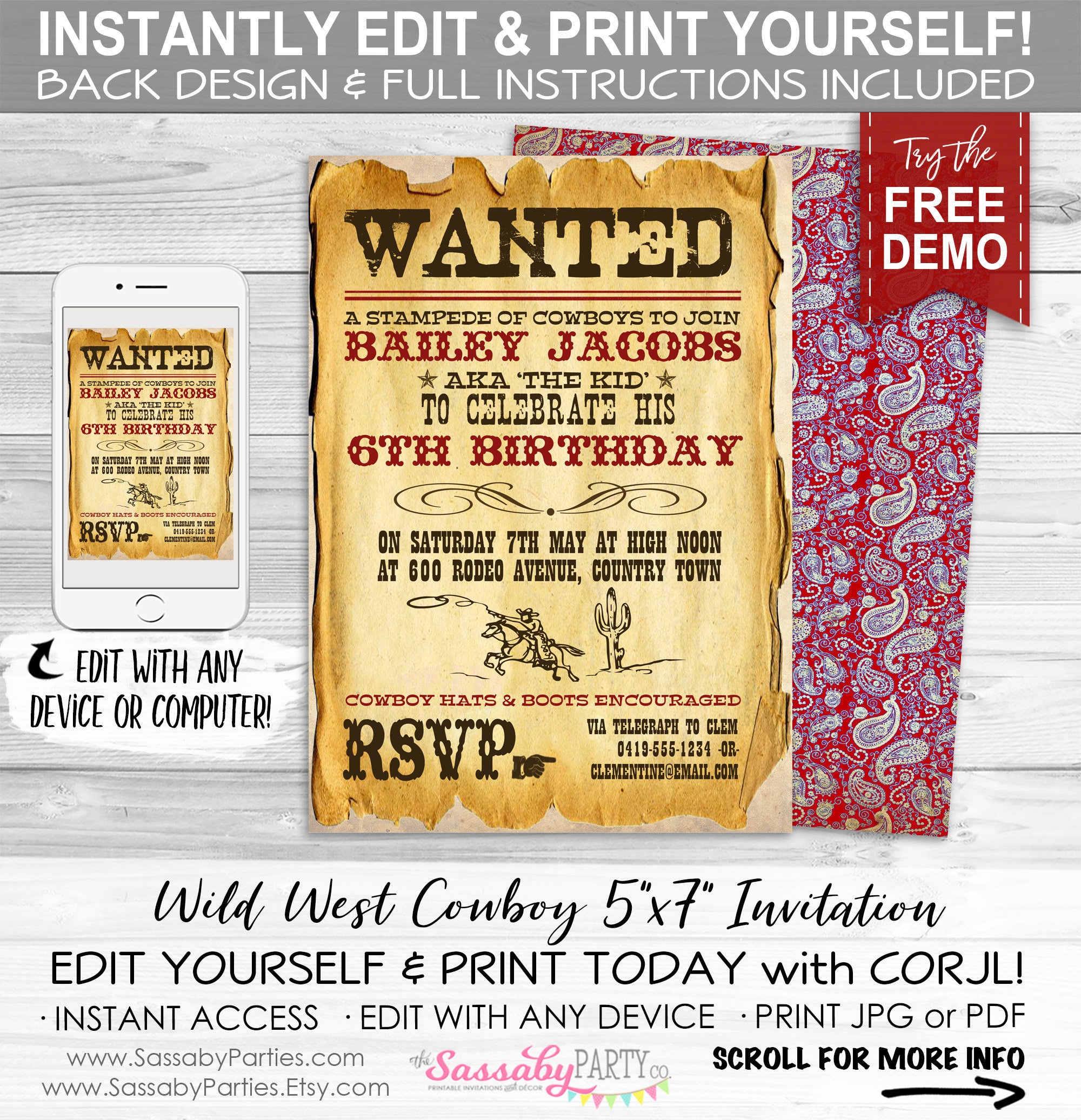 Wild West Cowboy Invitation INSTANT DOWNLOAD Partially - Etsy
