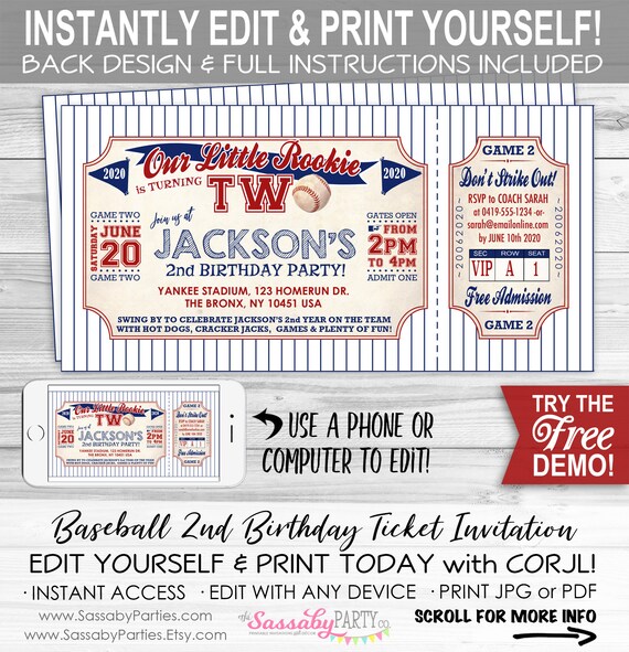 baseball ticket birthday invitation instant download partially editable printable rookie 2nd birthday party invite boys second by sassaby parties catch my party