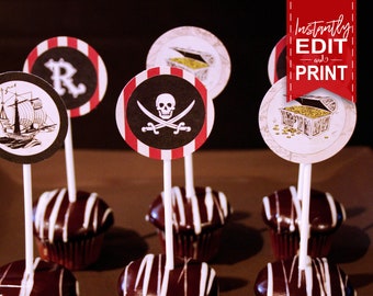 Pirate Boys Party Circles/Cupcake Toppers - INSTANT DOWNLOAD - partially Editable & Printable Birthday Decorations, Decor, Jolly Roger, Ship