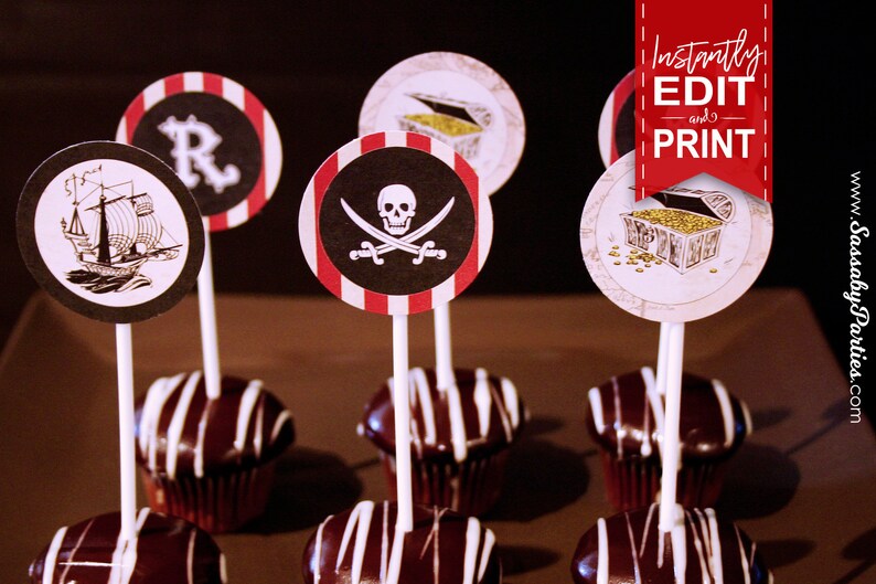 Pirate Cupcake Toppers, Food, Circles, Edit Text, Editable, Jolly Roger, Treasure Chest, Ship, Birthday Party, Decor, Decorations, Printable, Instant Download, Print At Home, Digital Files