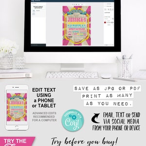 Carnival Invitation, Invite, Any Age, Birthday, Pink, Carousel, Ferris Wheel, Instant Download, Edit Text, Editable, Printable, Print Yourself, Use Any Device