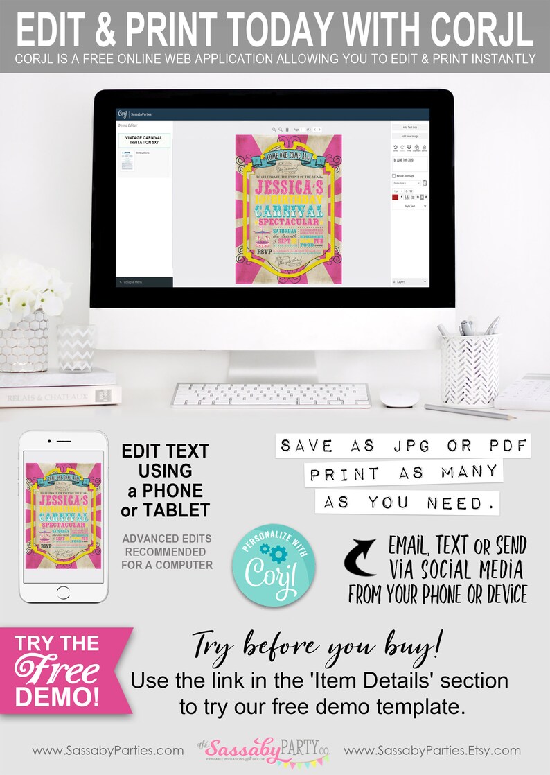 Carnival Invitation, Invite, Any Age, Birthday, Pink, Carousel, Ferris Wheel, Instant Download, Edit Text, Editable, Printable, Print Yourself, Use Any Device