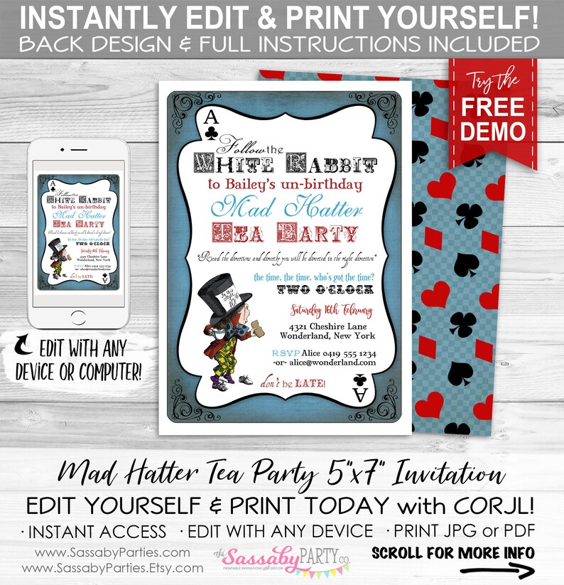 Mad Hatter Tea Party Invitation, Un-Birthday, Alice in Wonderland, Edit Text, Editable, Birthday, Queen of Hearts, White Rabbit, Tea Party, Printable, Print Yourself, Instant Download, Digital Files, Blue