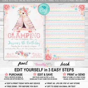 Boho, Glamping, Tent, Teepee, Invitation, Invite, Any Age, Girls, Birthday, Flowers, Floral, Feathers, Southwest, Pastel, Pretty, Dreamy, Pink, Editable, Edit Text, Printable, Birthday Party, Print Yourself, Instant Download, At Home, Digital Files