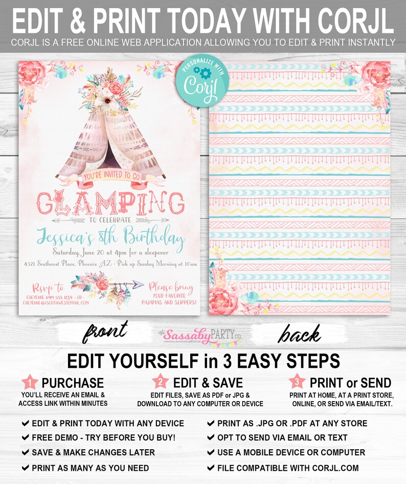 Boho, Glamping, Tent, Teepee, Invitation, Invite, Any Age, Girls, Birthday, Flowers, Floral, Feathers, Southwest, Pastel, Pretty, Dreamy, Pink, Editable, Edit Text, Printable, Birthday Party, Print Yourself, Instant Download, At Home, Digital Files