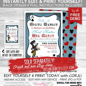 May include: Editable Mad Hatter Tea Party invitation featuring a cartoon illustration of the Mad Hatter with a blue and white background. The text reads "Follow the White Rabbit to Bailey's un-birthday Mad Hatter Tea Party".