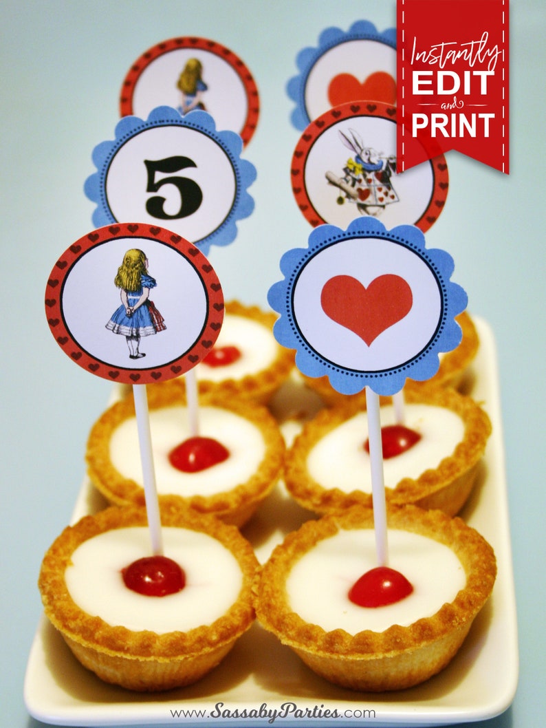 Alice in Wonderland Party Circles, Cupcake Toppers, Decor, Decorations, Edit Text, Editable, Birthday, Queen of Hearts, White Rabbit, Mad Hatter Tea Party, Printable, Print Yourself, Instant Download, Digital Files