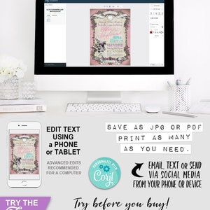 Alice in Wonderland Invitation, Edit Online with Corjl, Pink Pastel, Invite, Tea Party, White Rabbit, Dont Be Late, Hearts, Editable, Instant Download, Printable Birthday, Print Yourself