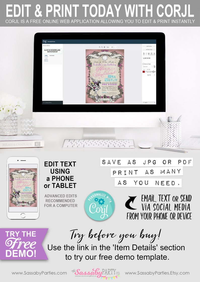 Alice in Wonderland Invitation, Edit Online with Corjl, Pink Pastel, Invite, Tea Party, White Rabbit, Dont Be Late, Hearts, Editable, Instant Download, Printable Birthday, Print Yourself