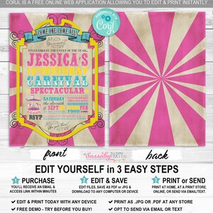 Carnival Invitation, Invite, Any Age, Birthday, Pink, Carousel, Ferris Wheel, Instant Download, Edit Text, Editable, Printable, Print Yourself, Use Any Device