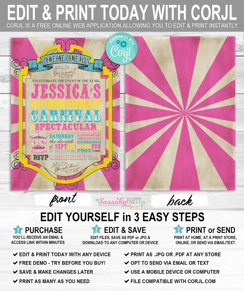 Carnival Invitation, Invite, Any Age, Birthday, Pink, Carousel, Ferris Wheel, Instant Download, Edit Text, Editable, Printable, Print Yourself, Use Any Device