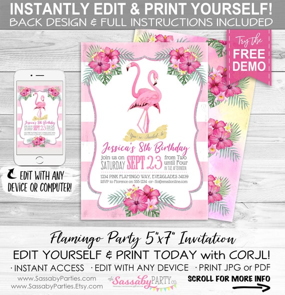 Flamingo Invitation - INSTANT DOWNLOAD - Partially Editable & Printable Invite Birthday Party, Baby Shower Invitation, Pink, Tropical Il_570xn