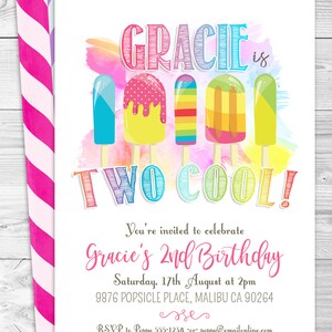 Popsicle Party Invitation, Two Cool, 2nd Birthday, Girls Invite, Summer, Ice Cream, Icy Pole, Instant Download, Printable Birthday, Pool, Swimming, Rainbow Colors, Print Yourself