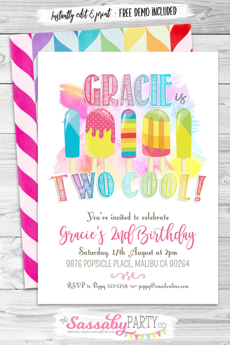 Popsicle Party Invitation, Two Cool, 2nd Birthday, Girls Invite, Summer, Ice Cream, Icy Pole, Instant Download, Printable Birthday, Pool, Swimming, Rainbow Colors, Print Yourself