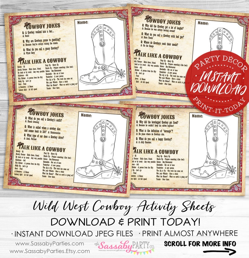 Cowboy, Activity Sheets, Game, Coloring, Jokes, Slang, Lone Star, Ranger, Texas, Wild West, Birthday Party Decor, Decorations, Placemat, Instant Download, Printable, Print Yourself At Home,
